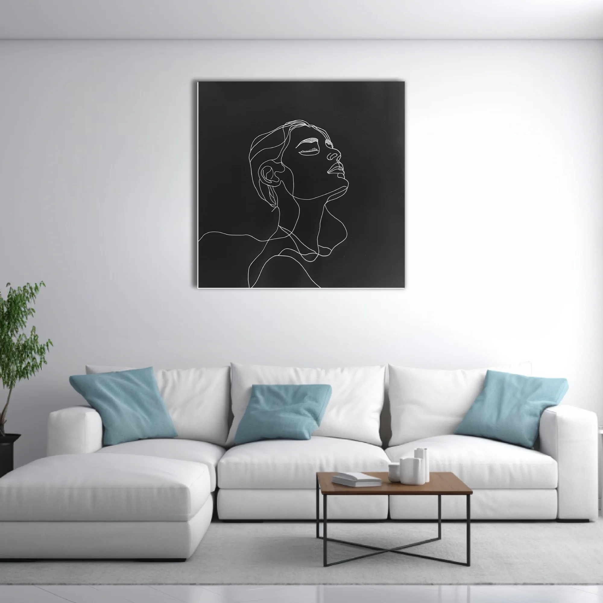 Minimalist white line-art portrait of a figure gazing upward on black background