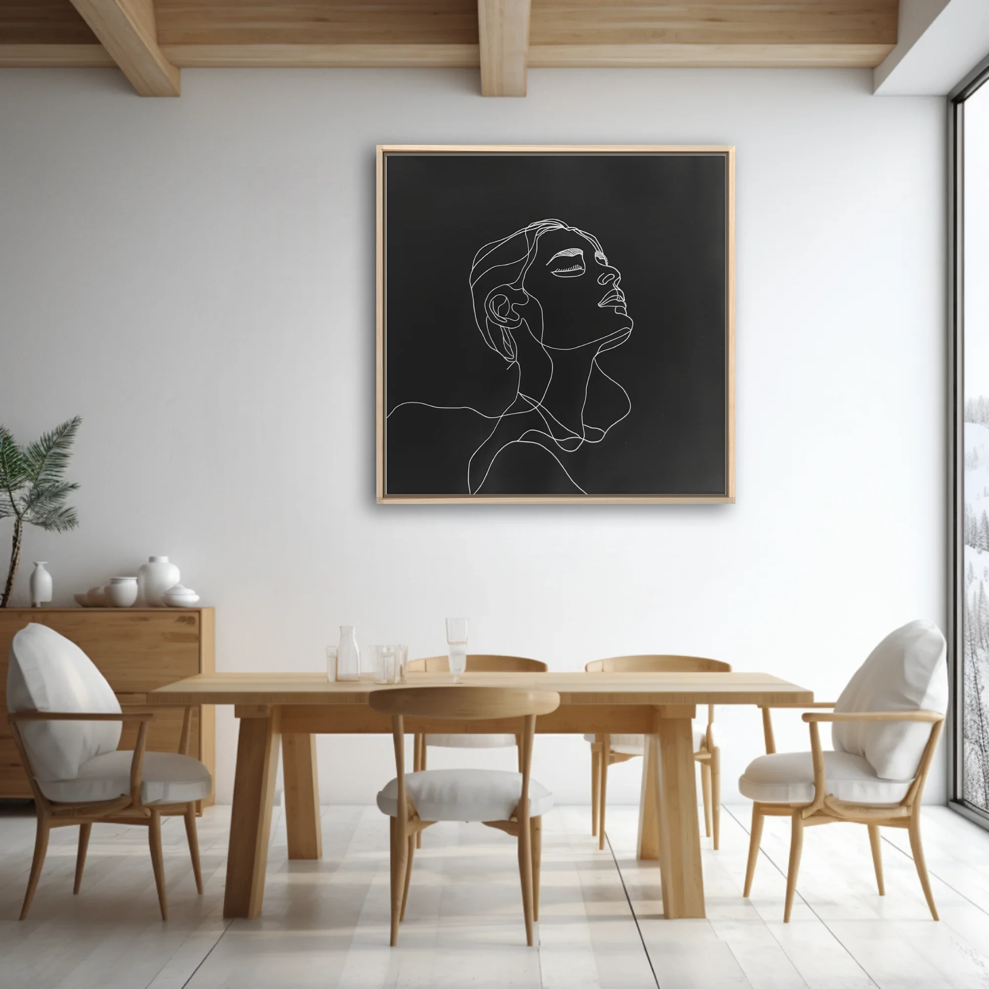 Minimalist white line-art portrait of a figure gazing upward on black background