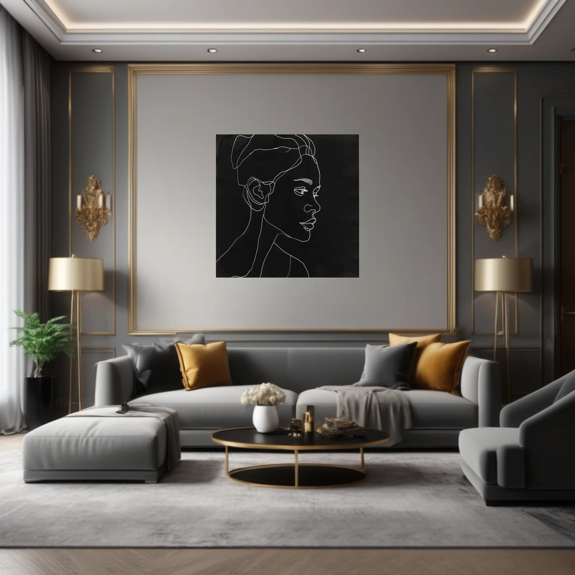 Minimalist white line-art portrait on black, continuous stroke figure study