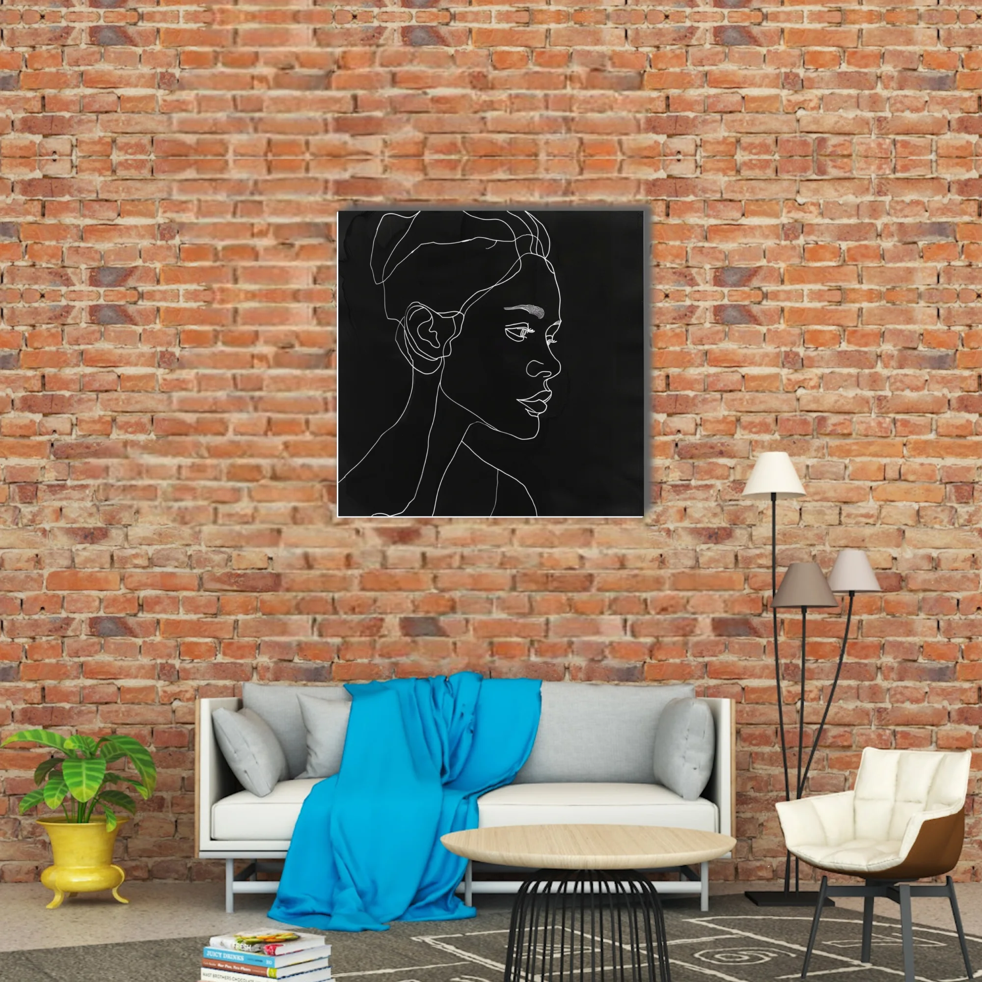 Minimalist white line-art portrait on black, continuous stroke figure study