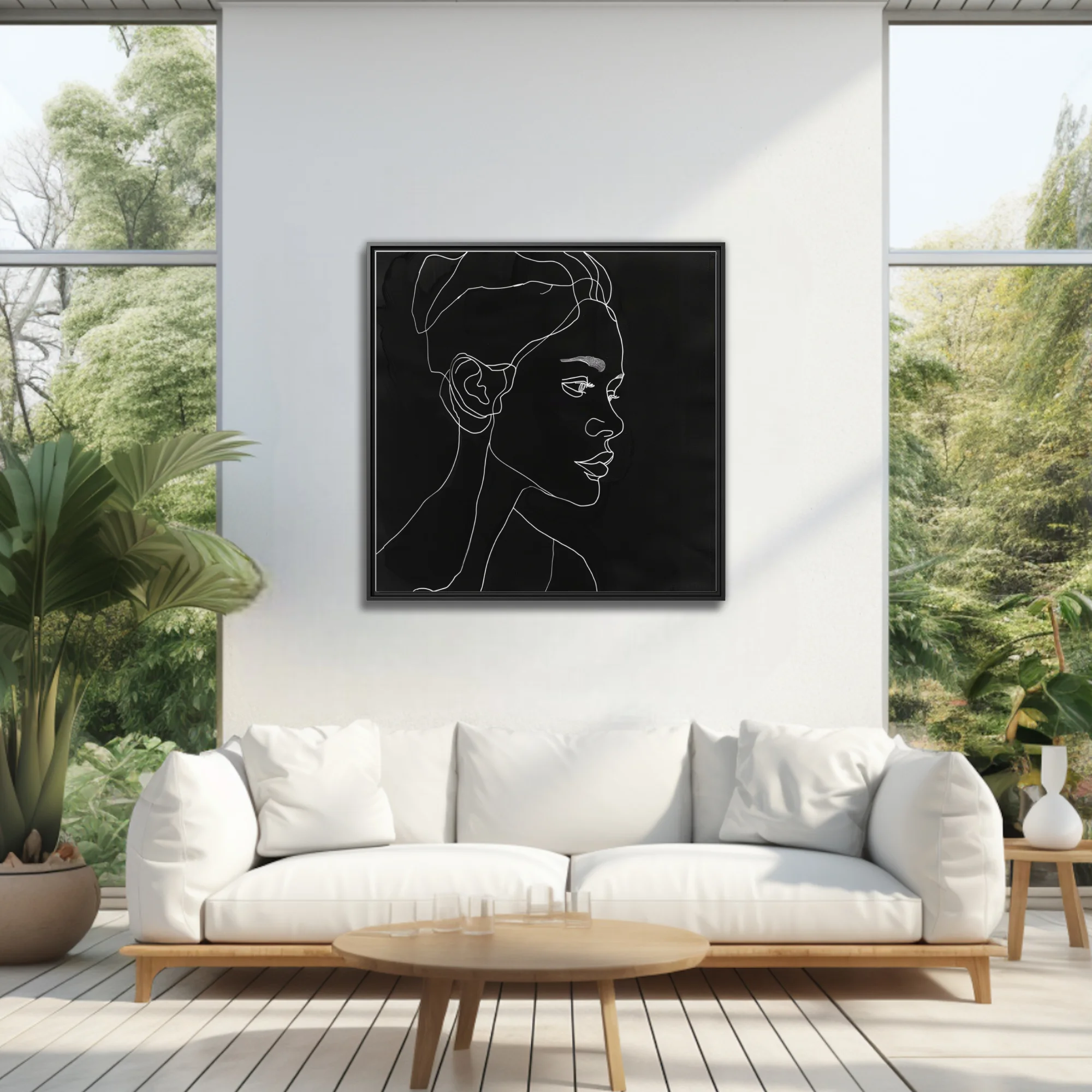 Minimalist white line-art portrait on black, continuous stroke figure study