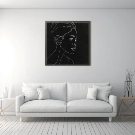 Minimalist white line-art portrait on black, continuous stroke figure study