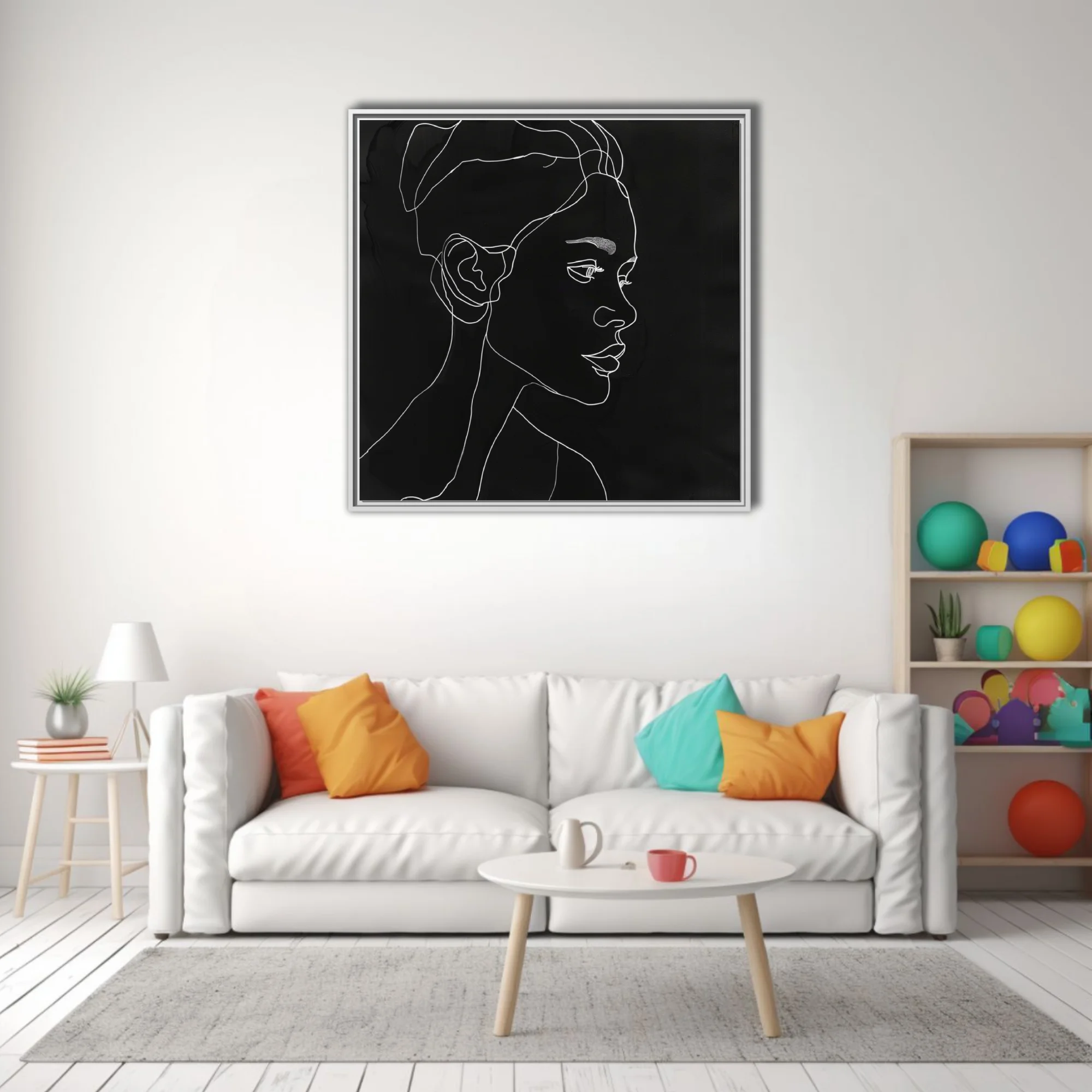 Minimalist white line-art portrait on black, continuous stroke figure study