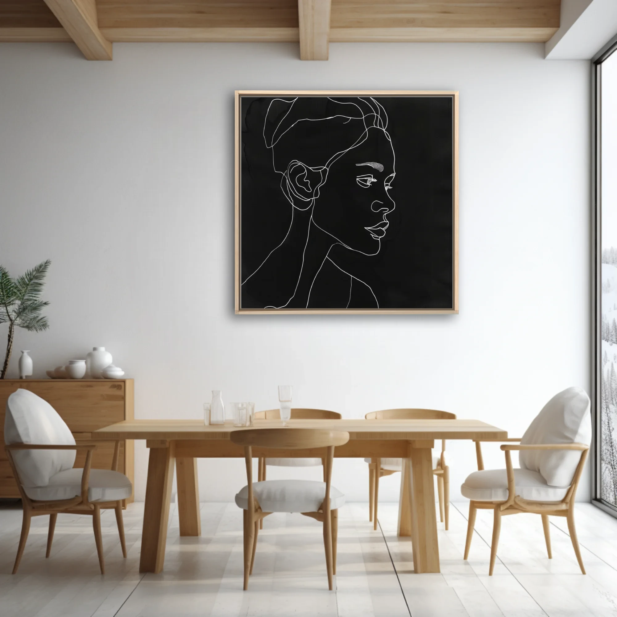 Minimalist white line-art portrait on black, continuous stroke figure study