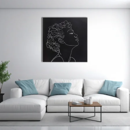 Minimalist white line-art portrait of a woman with curly hair on black background