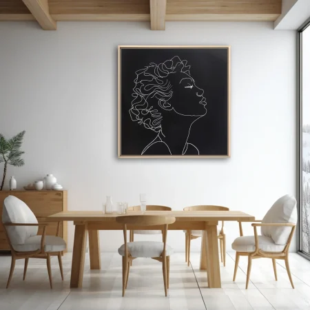 Minimalist white line-art portrait of a woman with curly hair on black background
