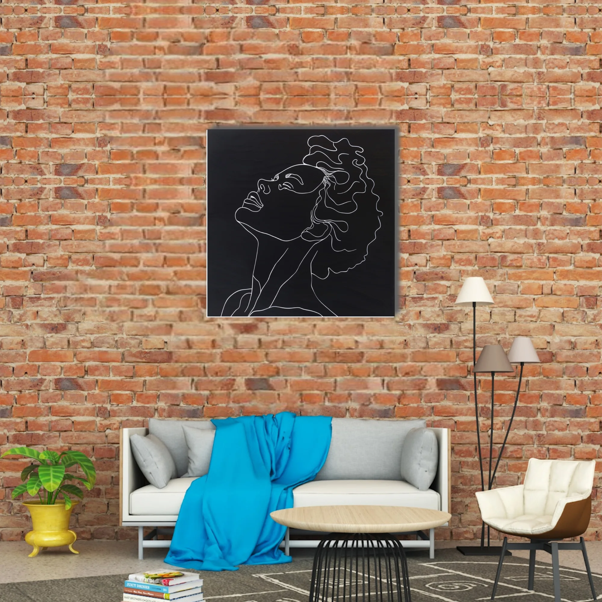 Minimalist white line-art portrait, curly hair figure on black background
