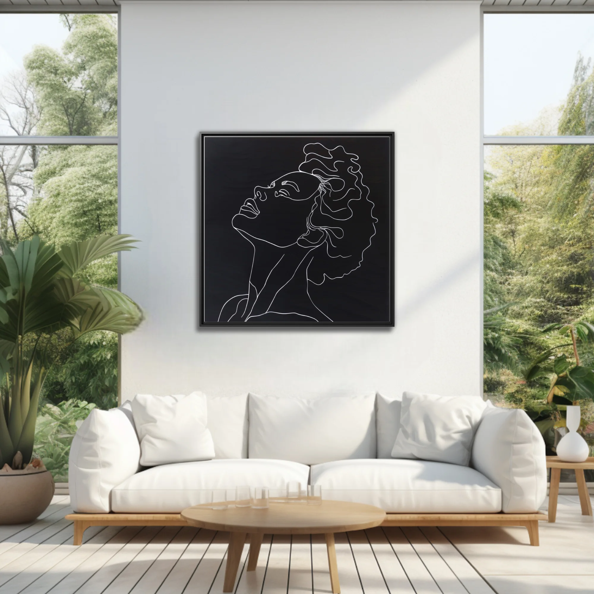 Minimalist white line-art portrait, curly hair figure on black background