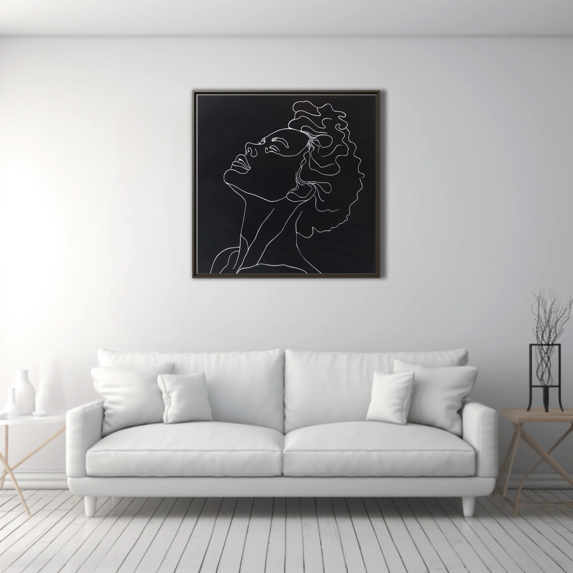 Minimalist white line-art portrait, curly hair figure on black background