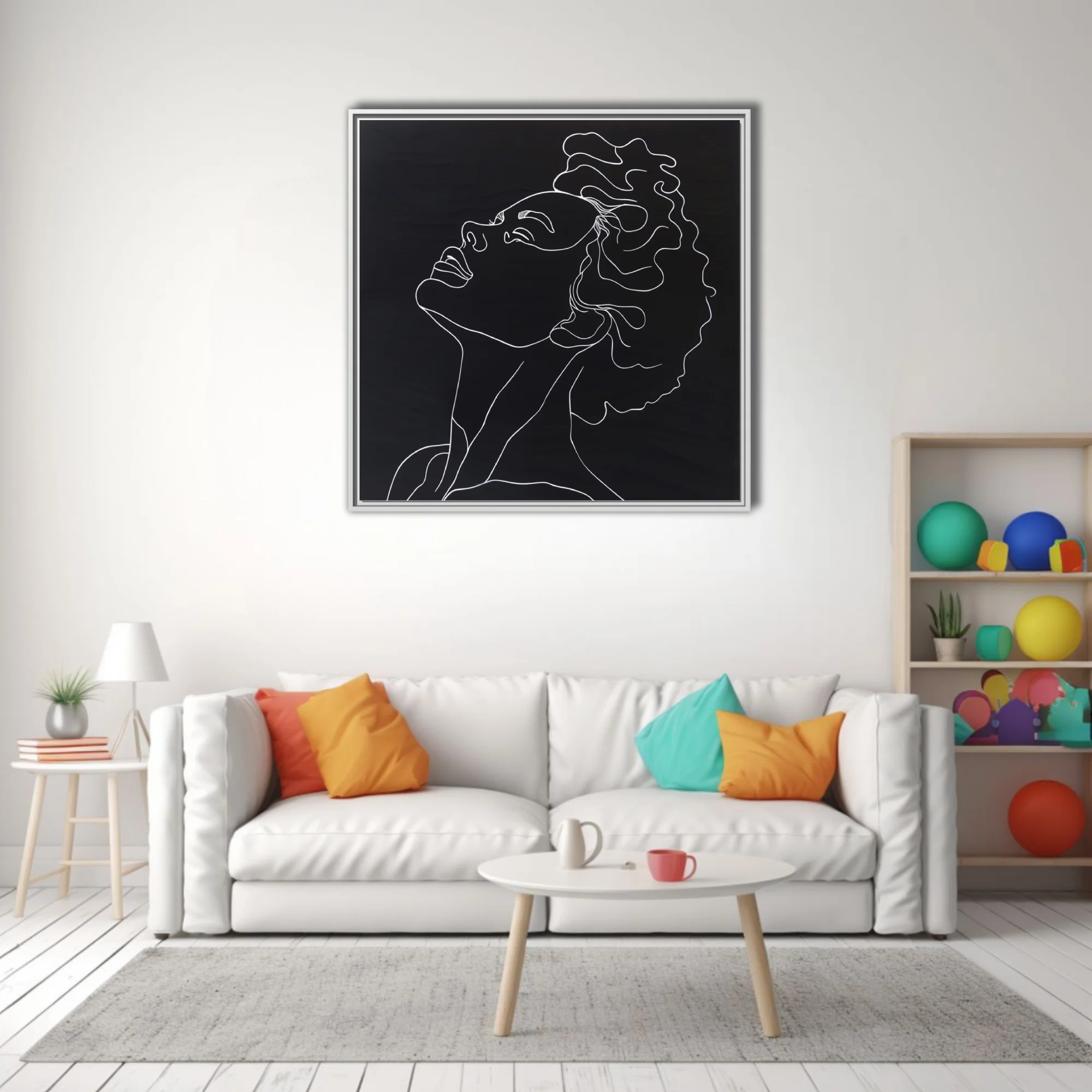 Minimalist white line-art portrait, curly hair figure on black background