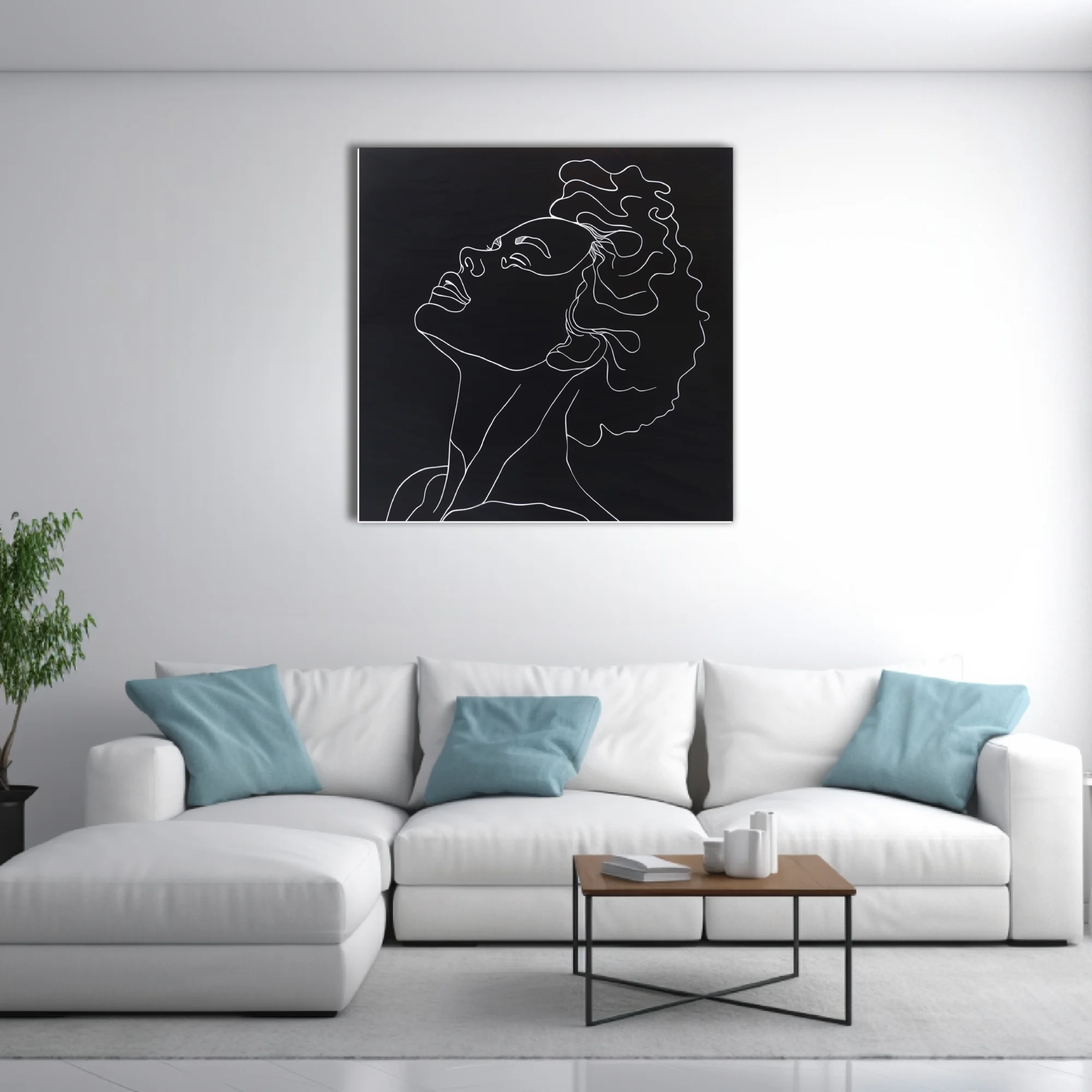 Minimalist white line-art portrait, curly hair figure on black background