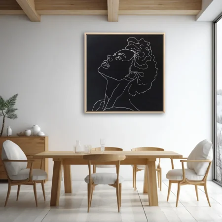 Minimalist white line-art portrait, curly hair figure on black background