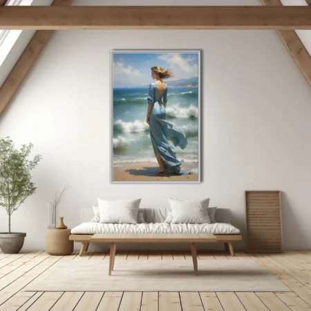 Classical figure in flowing blue dress on stormy beach, windswept hair