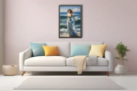 Figurative artwork of a woman in flowing blue dress against crashing ocean waves
