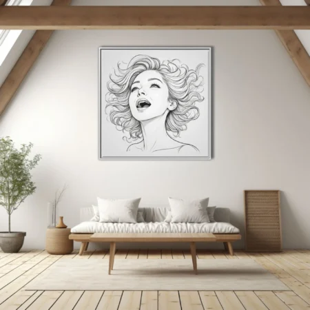 Pencil-style line art portrait of a woman singing with flowing hair