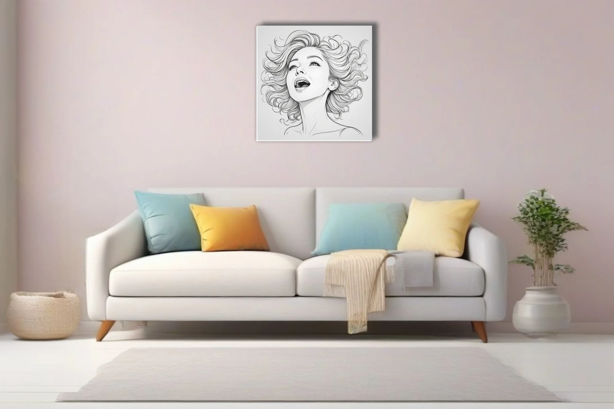 Pencil-style line art portrait of a woman singing with flowing hair