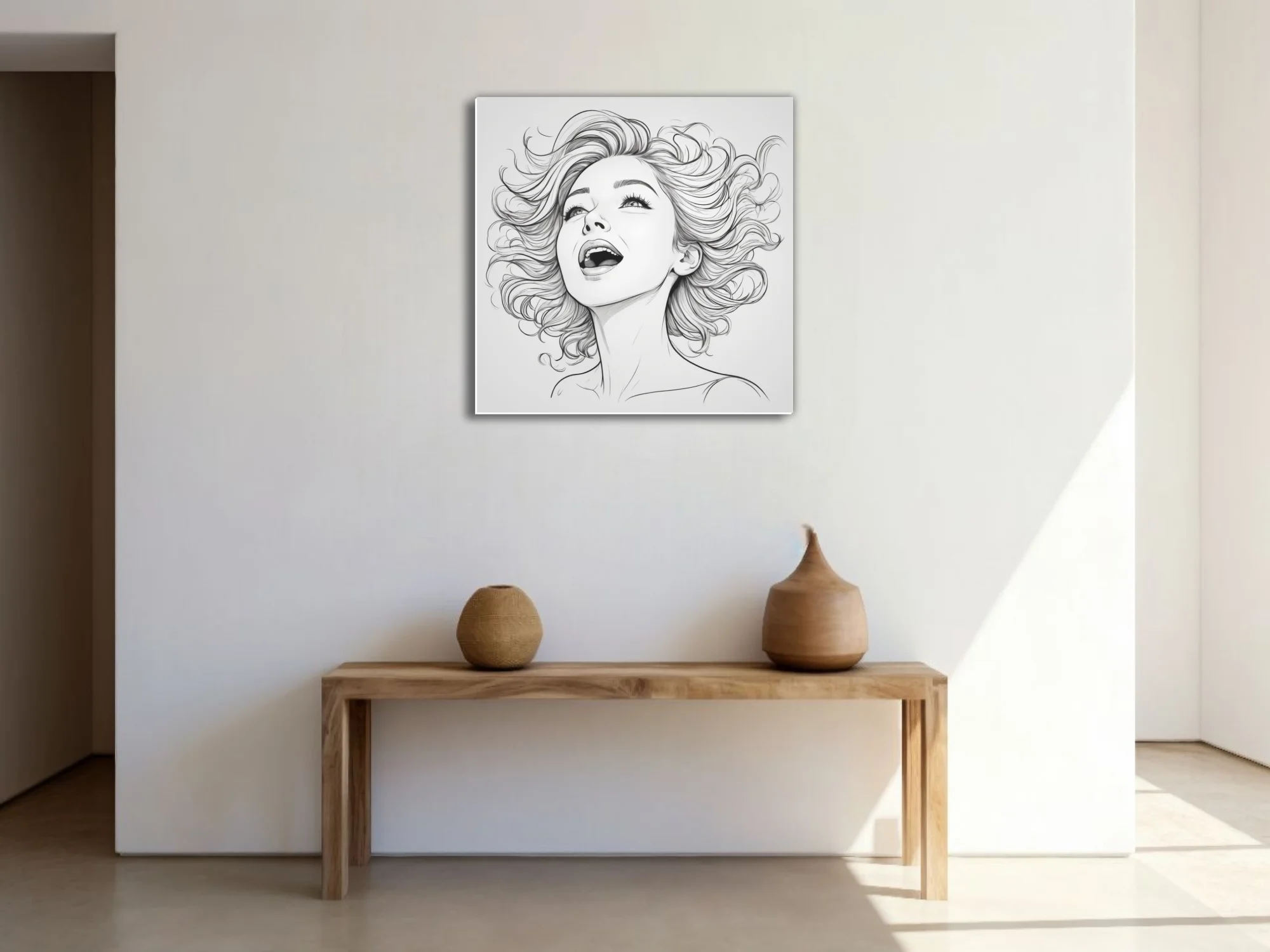 Pencil-style line art portrait of a woman singing with flowing hair