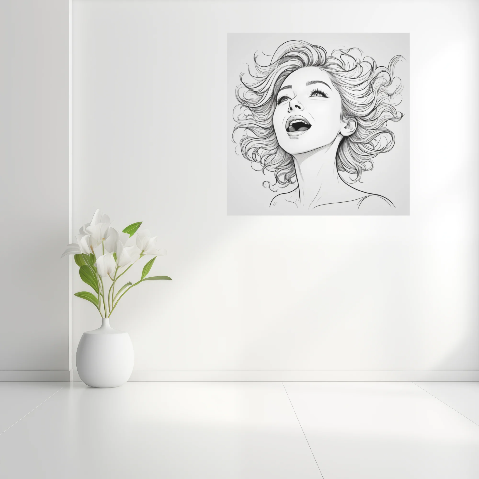 Pencil-style line art portrait of a woman singing with flowing hair