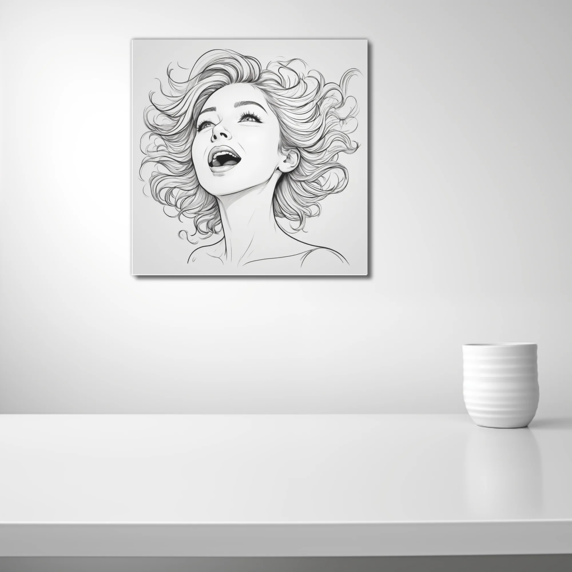 Pencil-style line art portrait of a woman singing with flowing hair