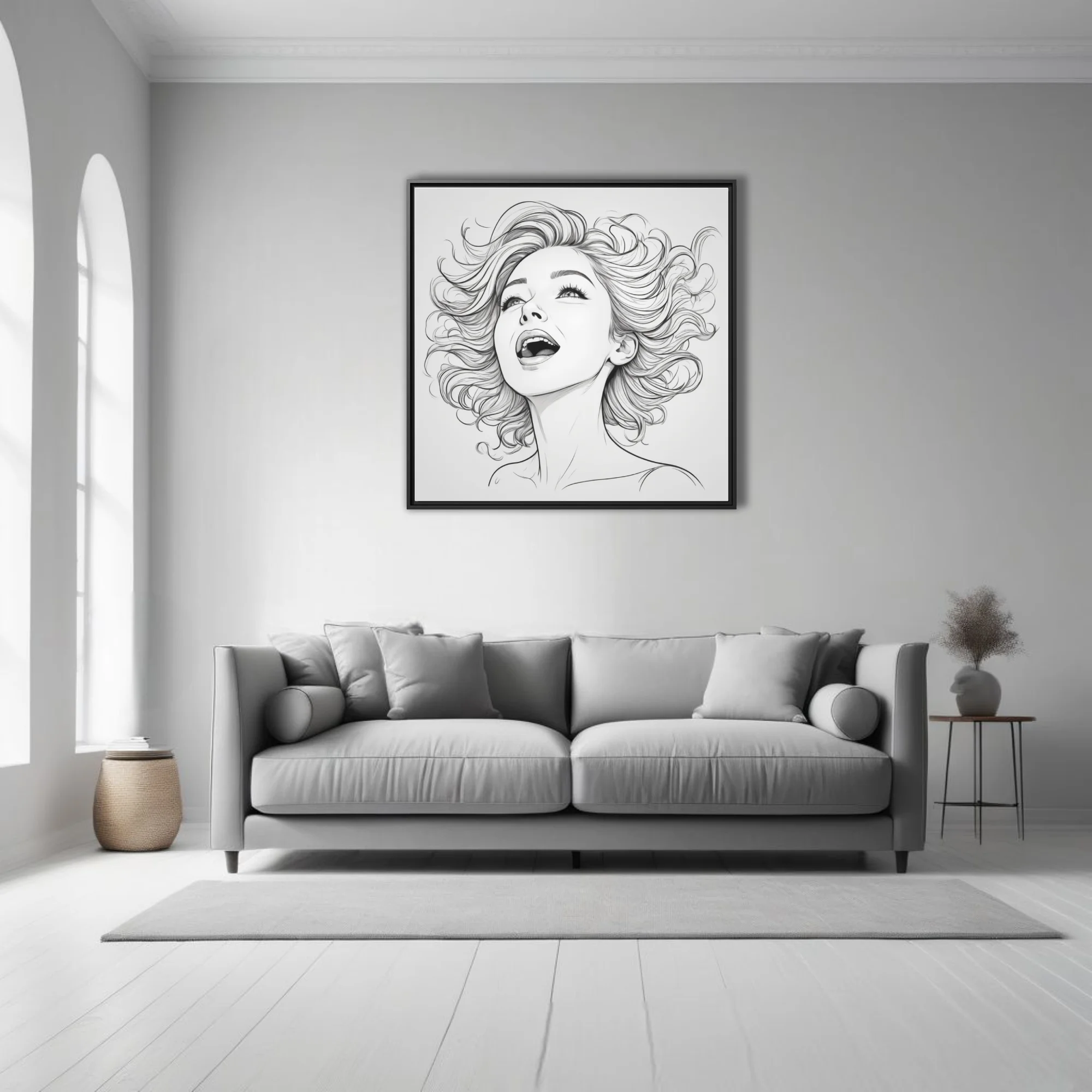 Pencil-style line art portrait of a woman singing with flowing hair