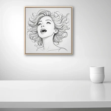 Pencil-style line art portrait of a woman singing with flowing hair