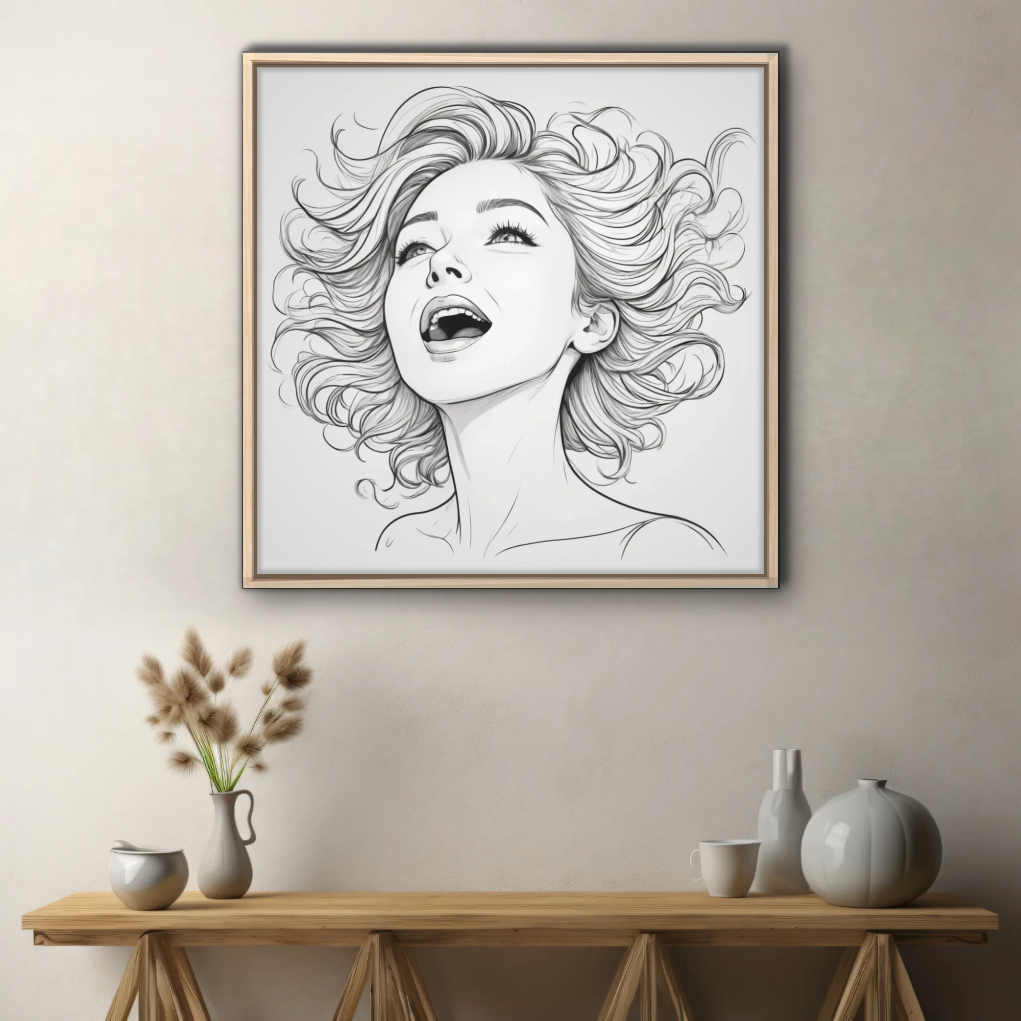 Pencil-style line art portrait of a woman singing with flowing hair