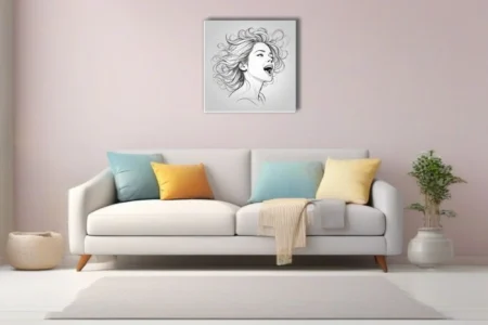 Expressive black-and-white line art portrait of a woman singing with flowing hair