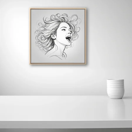 Expressive black-and-white line art portrait of a woman singing with flowing hair