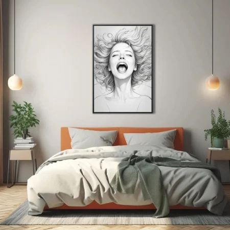 Pencil-sketch portrait of a woman laughing, flowing hair, black and white graphite style