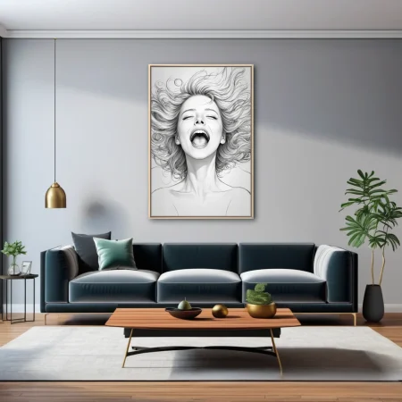 Pencil-sketch portrait of a woman laughing, flowing hair, black and white graphite style