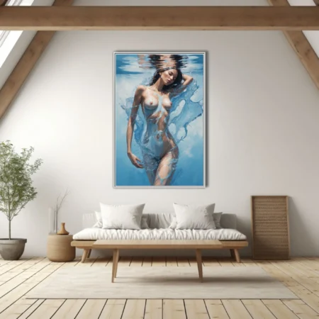 Hyperrealist nude figure study submerged in swirling blue water, luminous skin tones