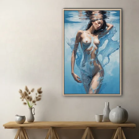 Hyperrealist nude figure study submerged in swirling blue water, luminous skin tones