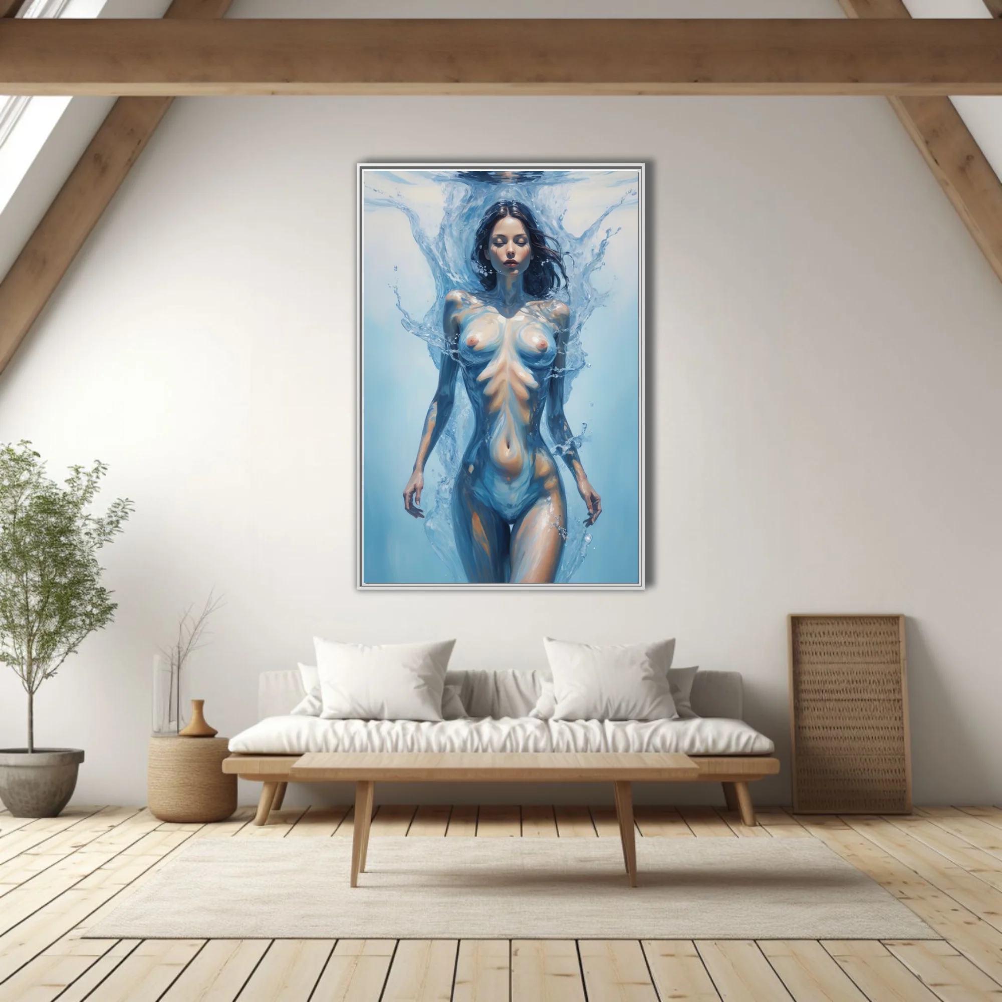Dreamlike nude figure study, woman dissolving into water, blue and ivory tones