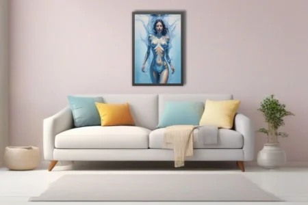 Dreamlike nude figure study, woman dissolving into water, blue and ivory tones