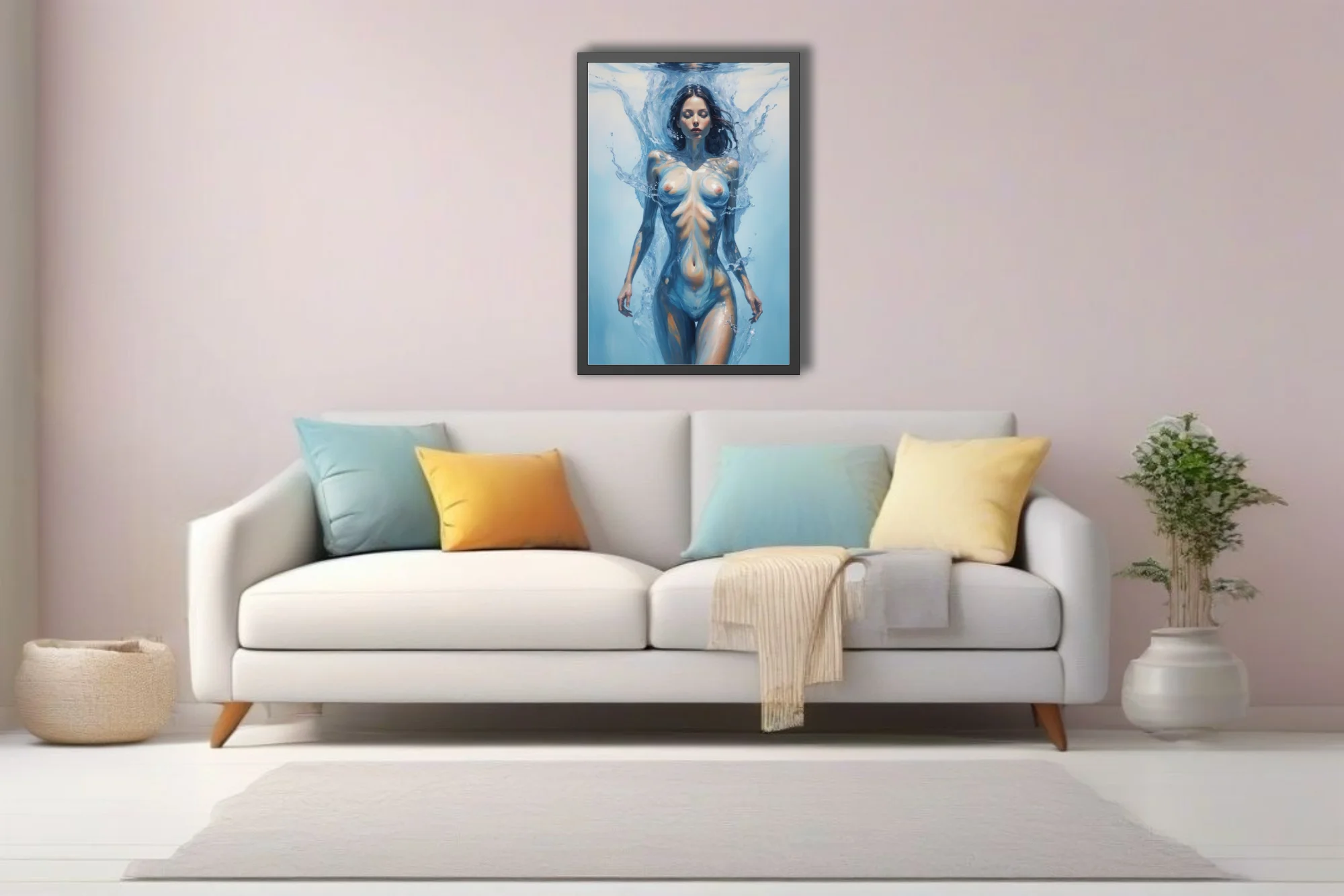Dreamlike nude figure study, woman dissolving into water, blue and ivory tones