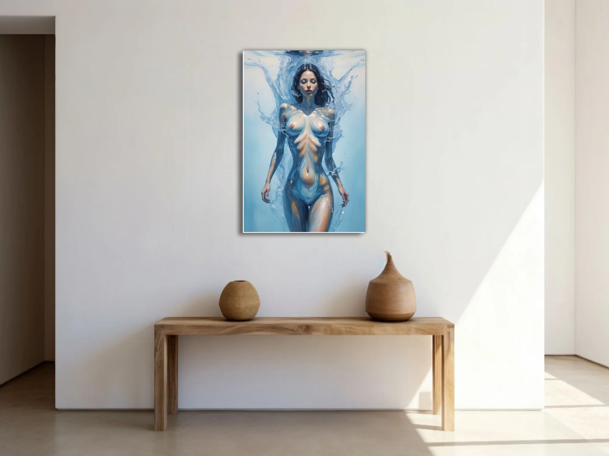 Dreamlike nude figure study, woman dissolving into water, blue and ivory tones