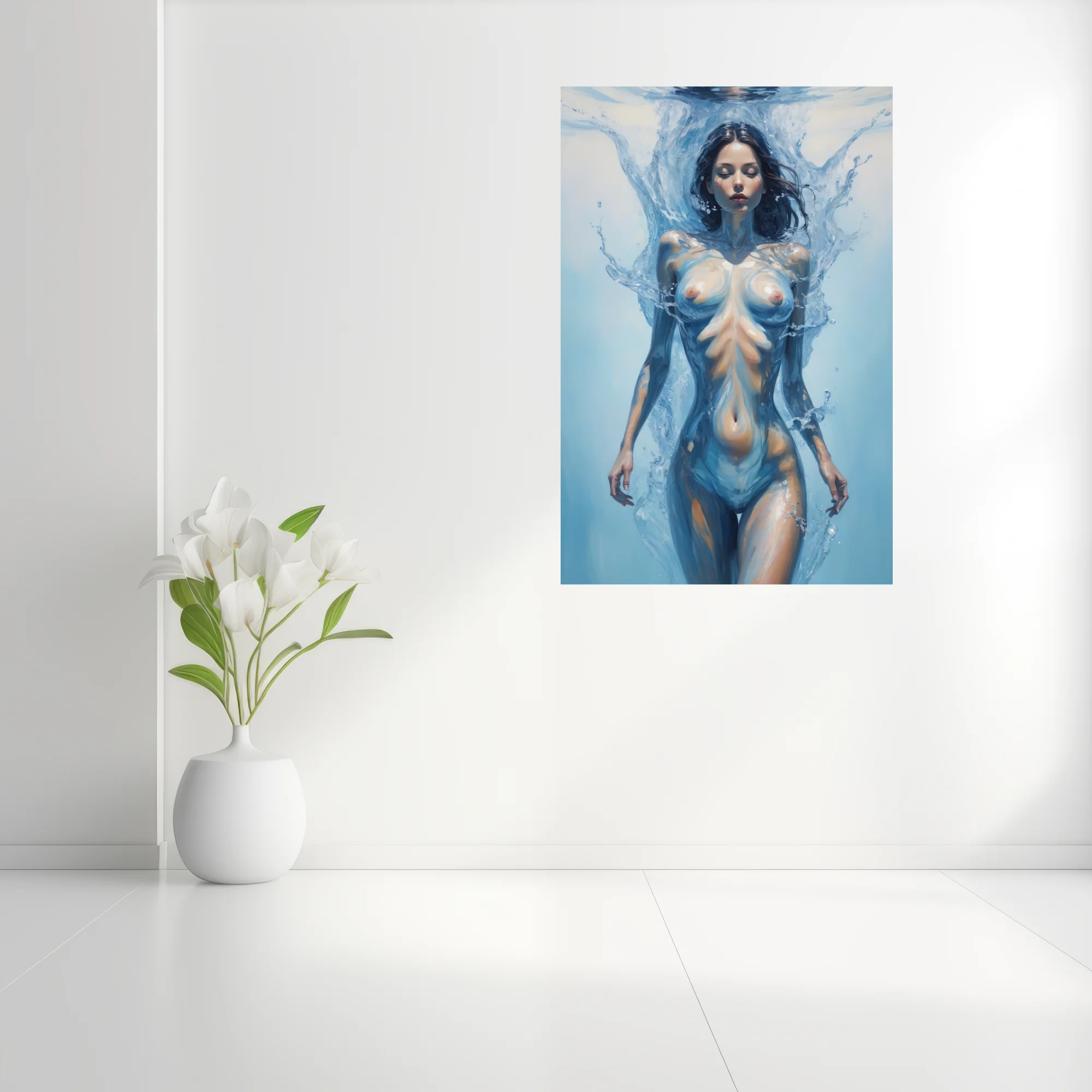 Dreamlike nude figure study, woman dissolving into water, blue and ivory tones