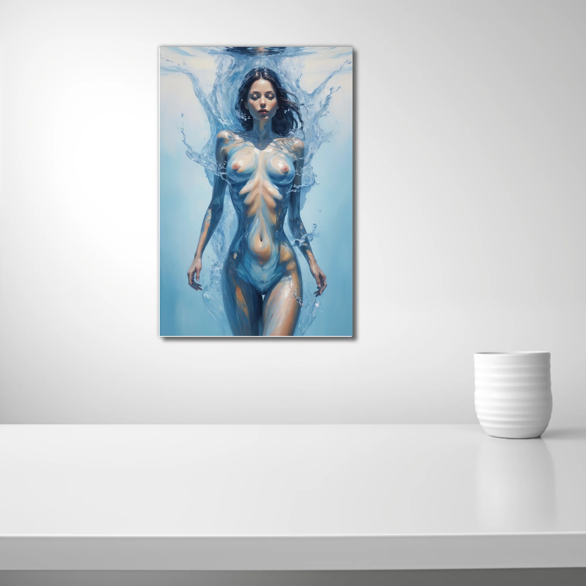 Dreamlike nude figure study, woman dissolving into water, blue and ivory tones