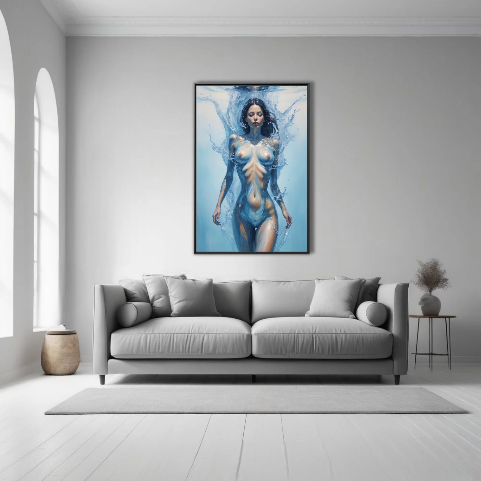 Dreamlike nude figure study, woman dissolving into water, blue and ivory tones