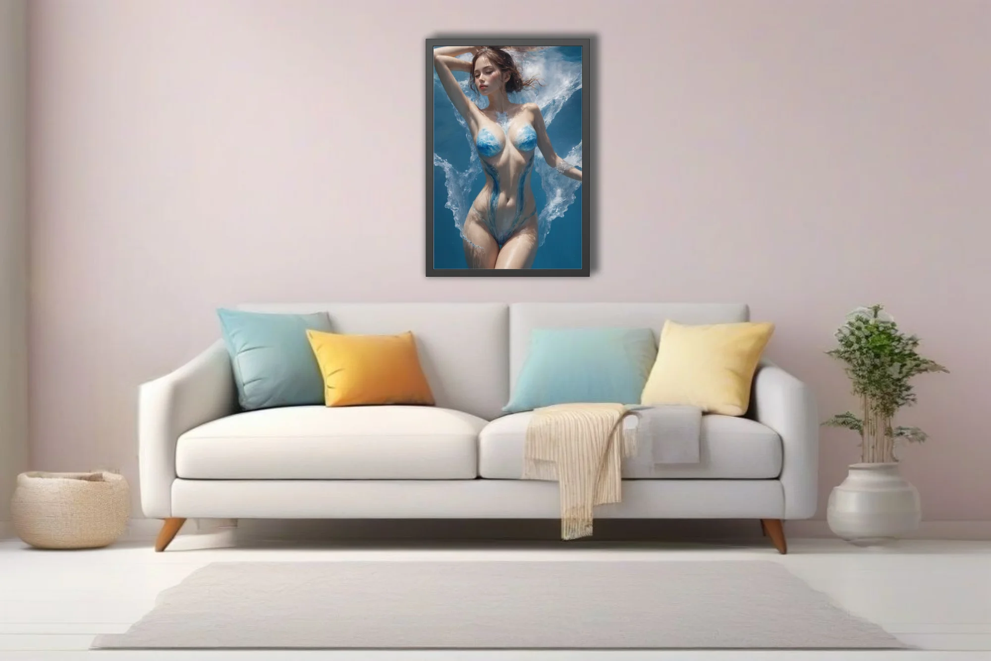 Dreamlike nude figure study with blue water-paint body art, aquatic dreamlike composition