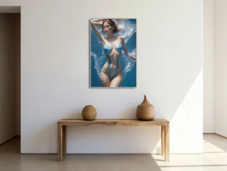 Dreamlike nude figure study with blue water-paint body art, aquatic dreamlike composition