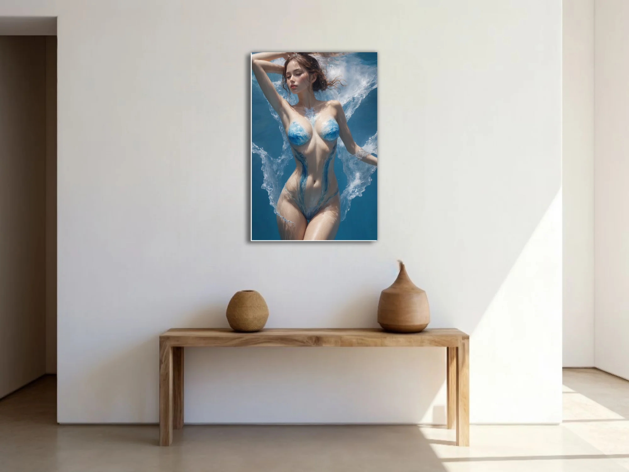 Dreamlike nude figure study with blue water-paint body art, aquatic dreamlike composition