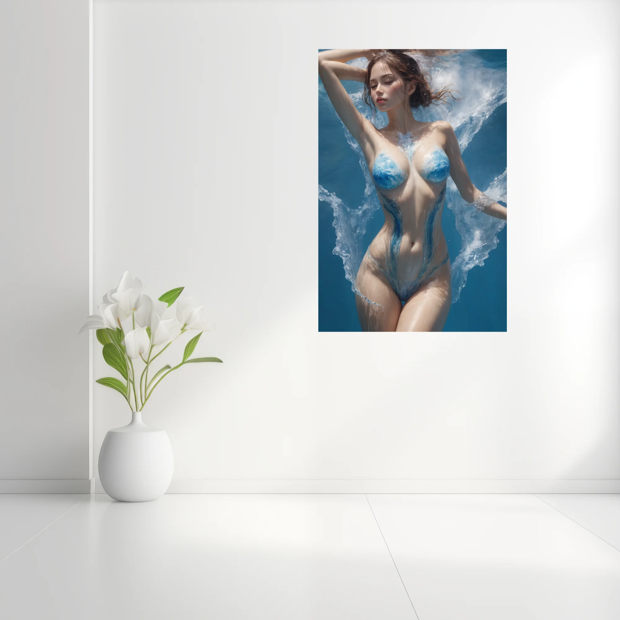 Dreamlike nude figure study with blue water-paint body art, aquatic dreamlike composition