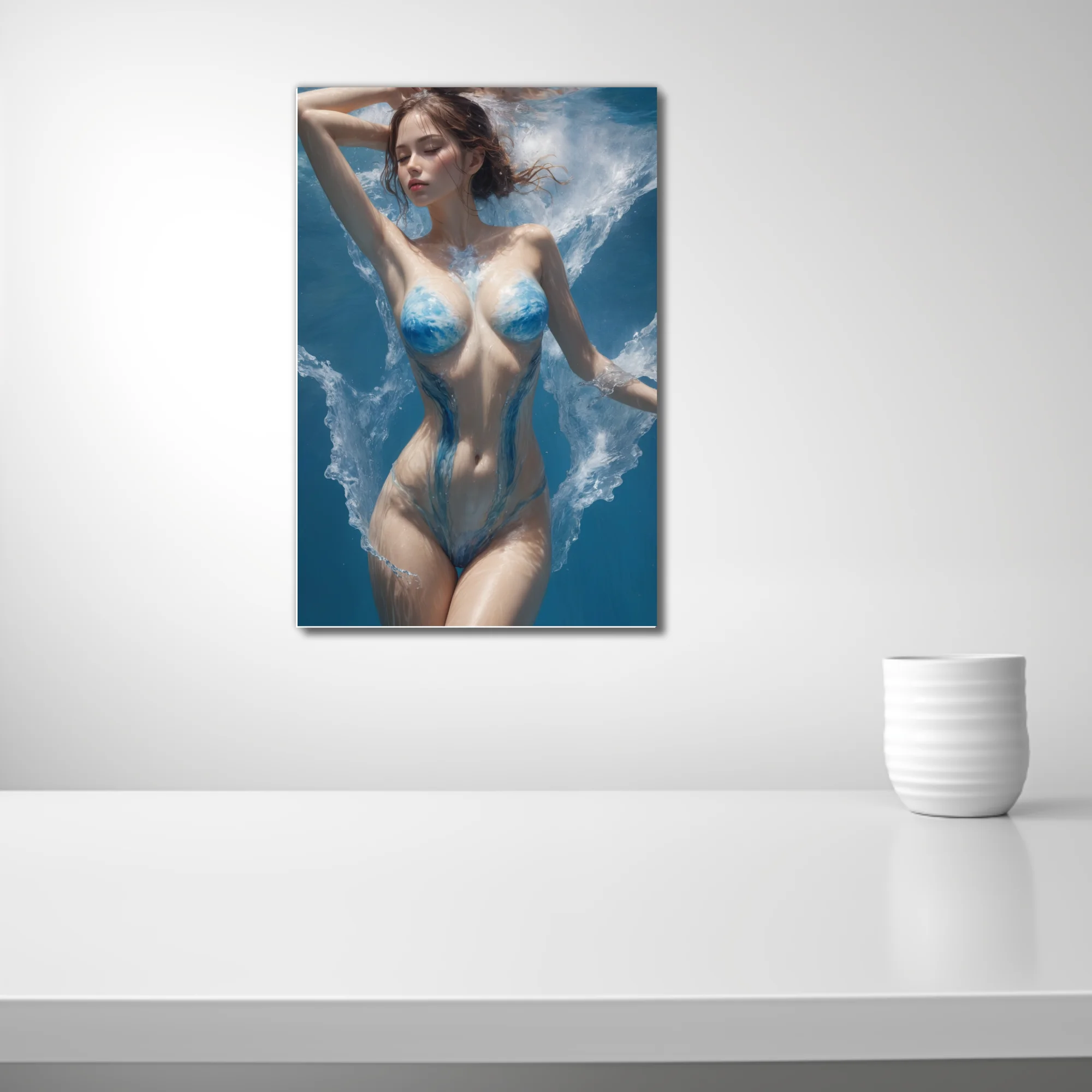 Dreamlike nude figure study with blue water-paint body art, aquatic dreamlike composition