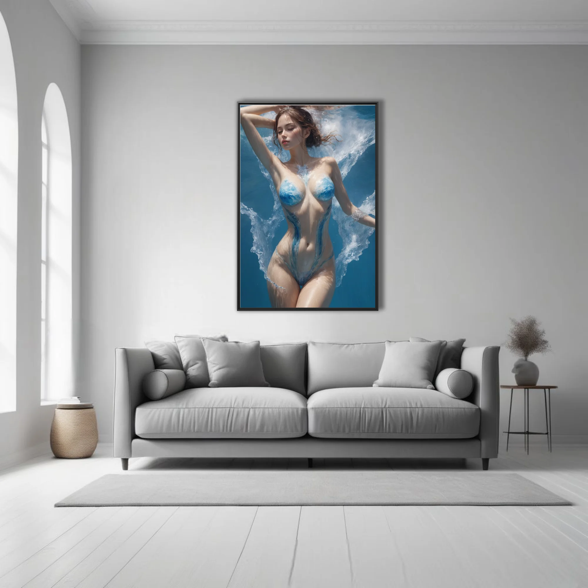 Dreamlike nude figure study with blue water-paint body art, aquatic dreamlike composition