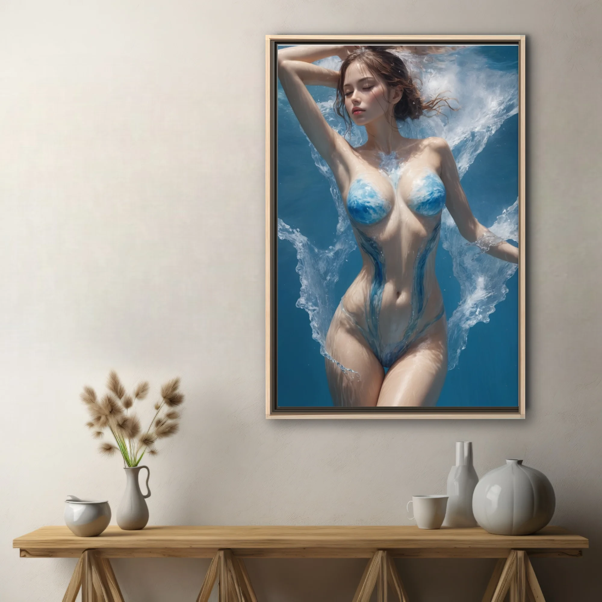 Dreamlike nude figure study with blue water-paint body art, aquatic dreamlike composition