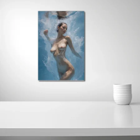 Nude female figure submerged underwater with shimmering light and swirling blue currents in a contemporary realist style.
