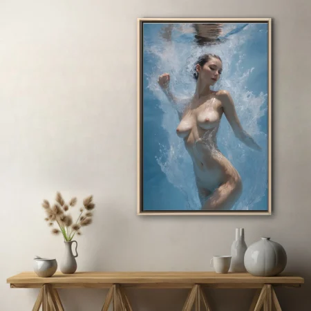 Nude female figure submerged underwater with shimmering light and swirling blue currents in a contemporary realist style.