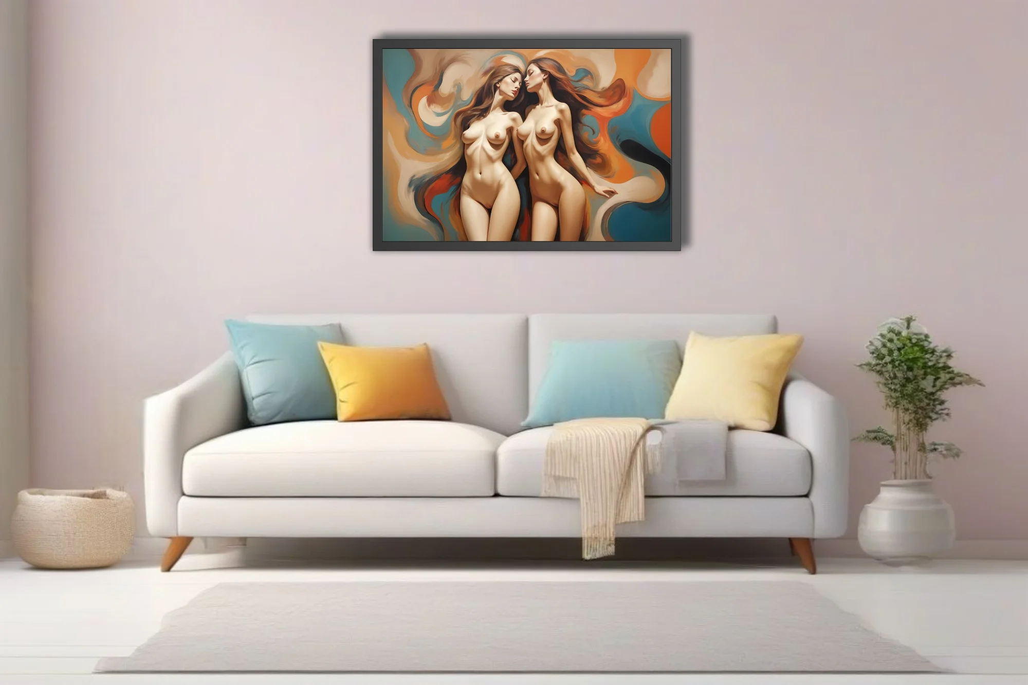 Painterly nude figure study, warm amber teal abstract swirls, dreamy classical style