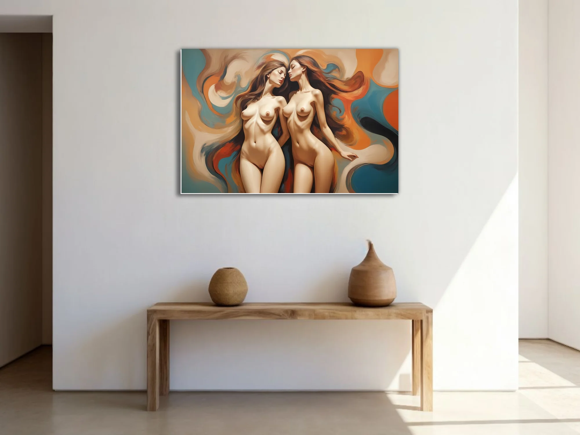 Painterly nude figure study, warm amber teal abstract swirls, dreamy classical style